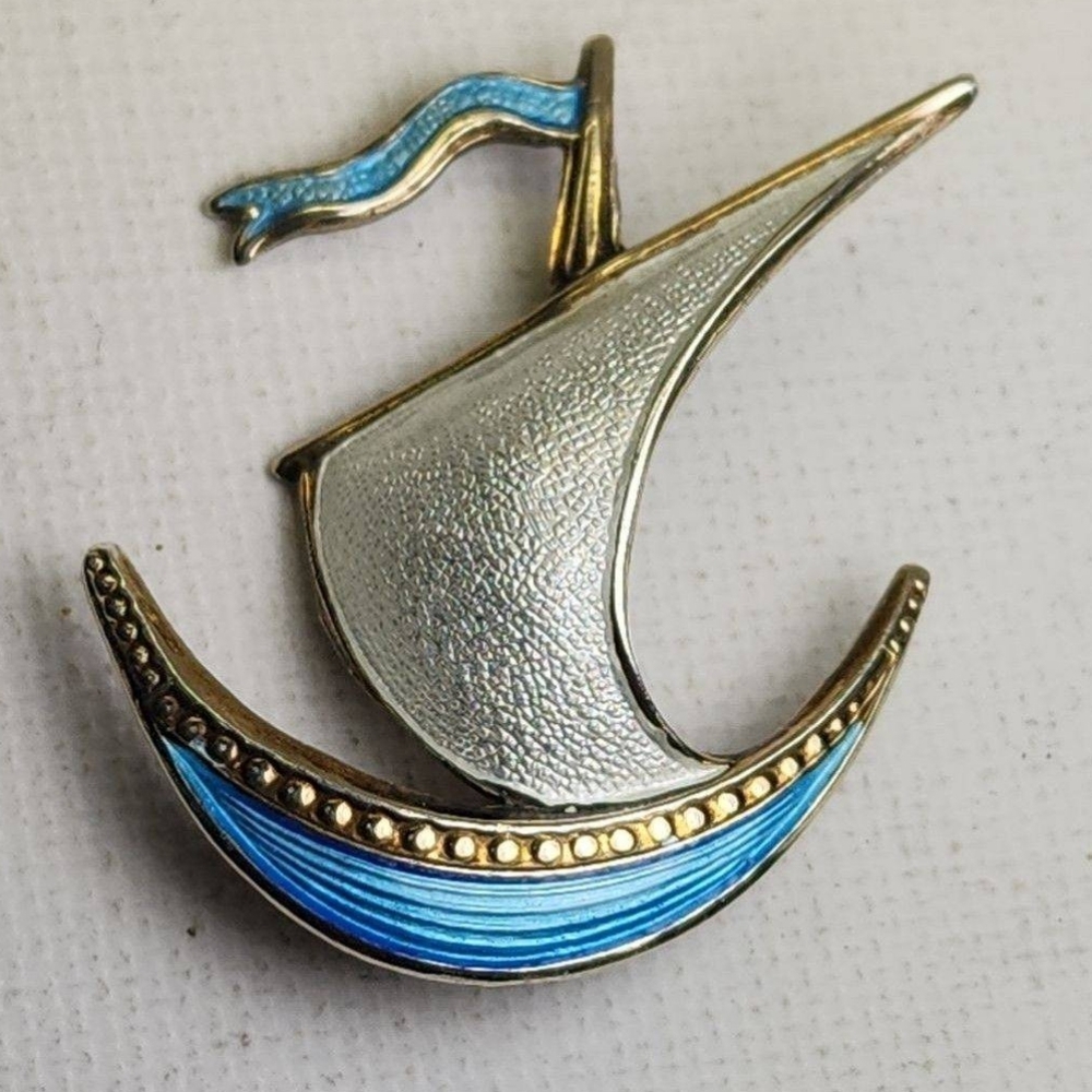 Vintage Ivar T. Holth .925 silver and enamel boat brooch mid-century Norwegian